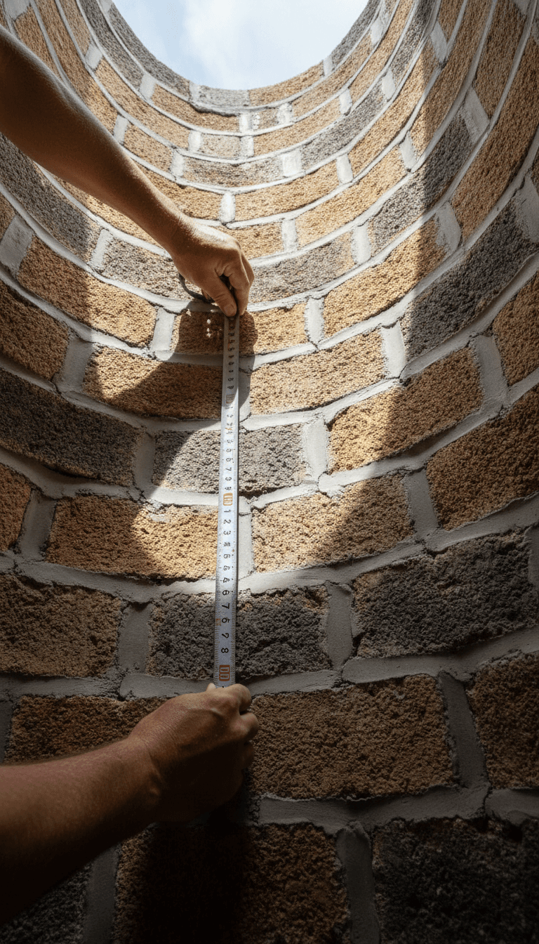 Craftsman inspecting the interior wall of a newly constructed open well in Pala, Kerala