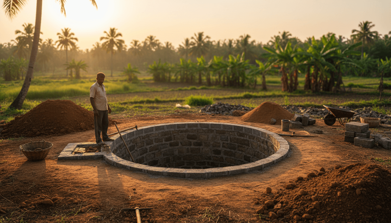 Open well construction site in Pala, Kerala showing expert workmanship