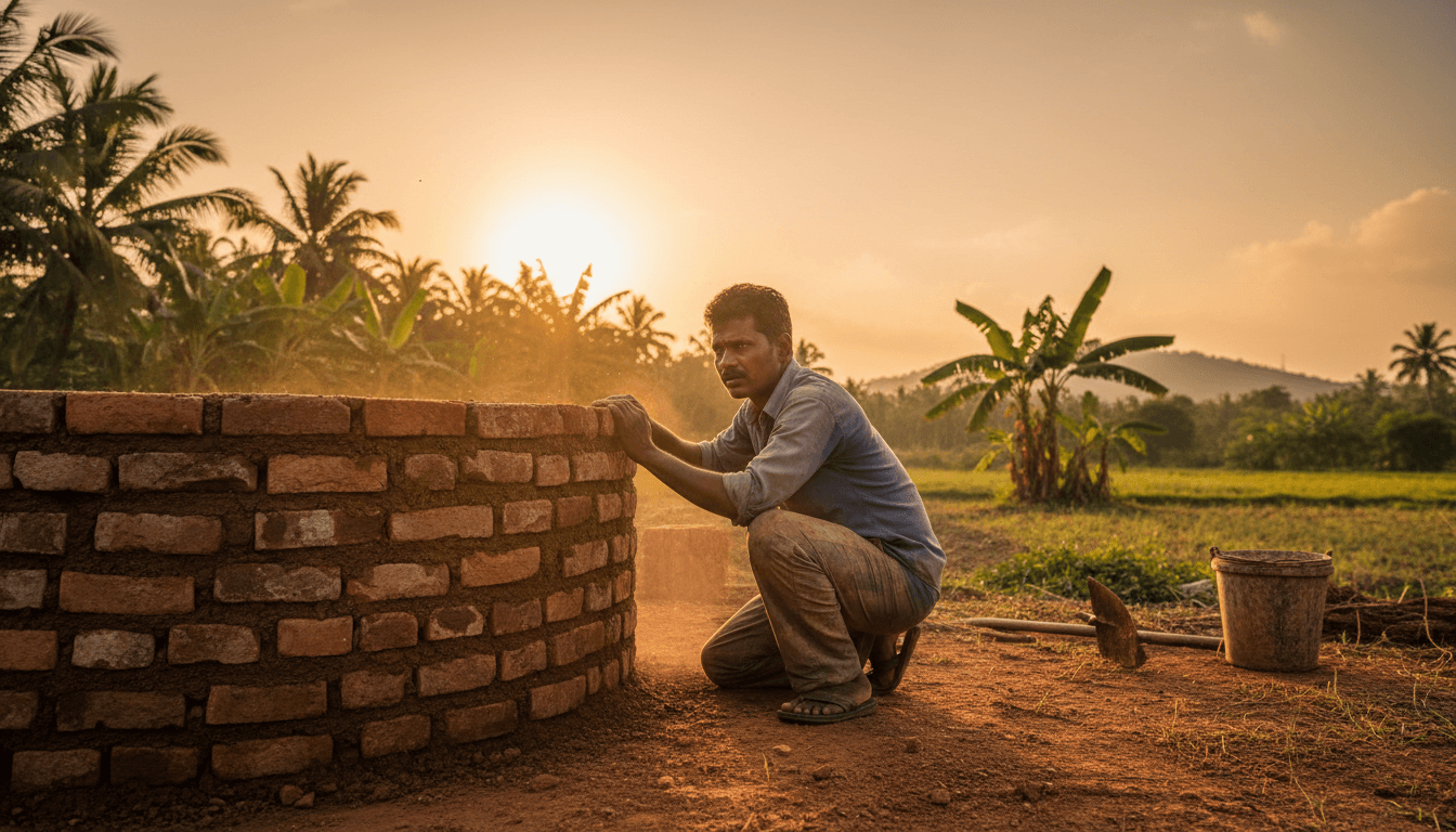 Skilled worker inspecting newly constructed open well in Pala, Kerala