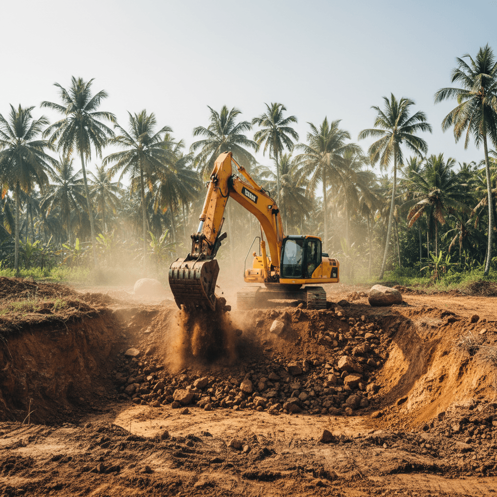 Pond excavation with heavy machinery