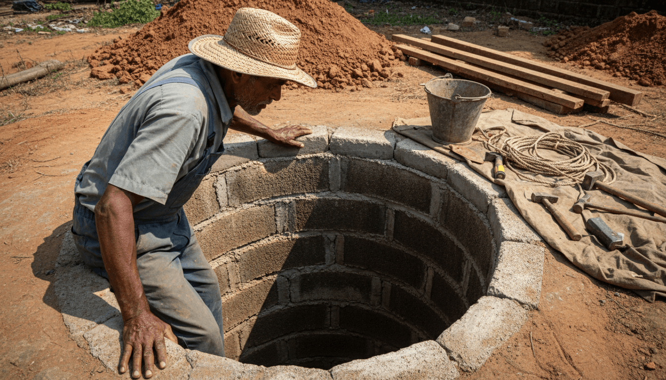 Skilled worker inspecting open well construction in Pala, Kerala